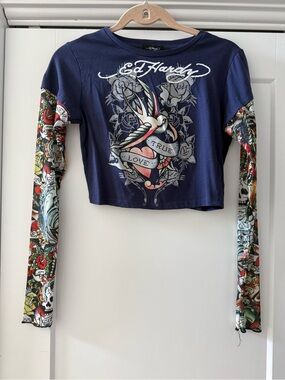 Ed Hardy Navy Cropped Long-Sleeve Tattoo-Print Top